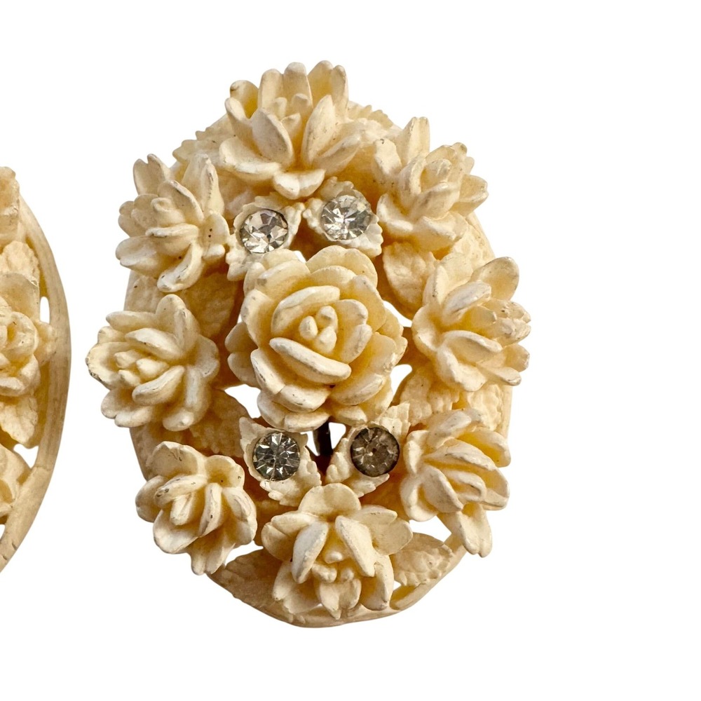 Vintage‎ Cream Celluloid Carved Roses Statement Earrings Oval Cottage Feminine - Picture 11 of 14